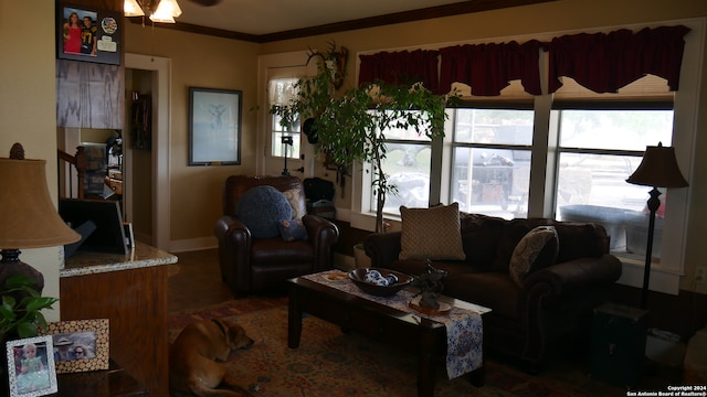 living room with ornamental molding, ceiling fan, and dark hardwood / wood-style floors