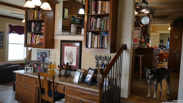 office area featuring crown molding and ceiling fan