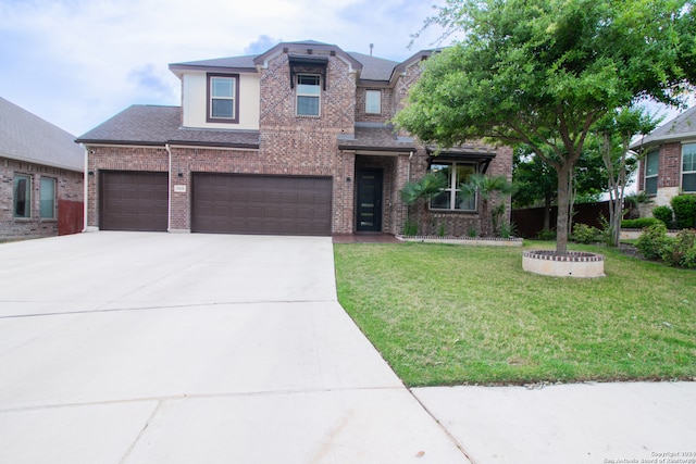 view of front of home with a front lawn and a garage