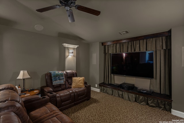 living room featuring ceiling fan and carpet floors