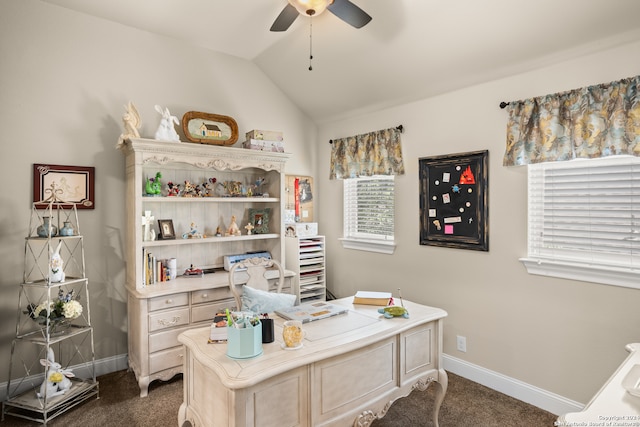 office with dark colored carpet, ceiling fan, and lofted ceiling