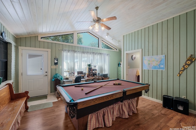 recreation room with pool table, ceiling fan, wood ceiling, vaulted ceiling, and hardwood / wood-style floors