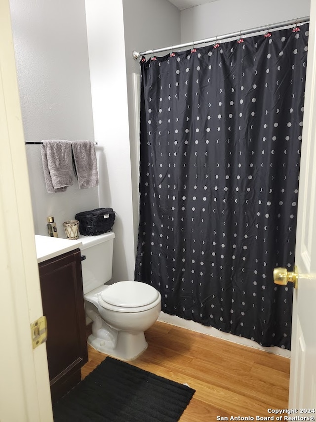 bathroom featuring wood-type flooring, vanity, and toilet