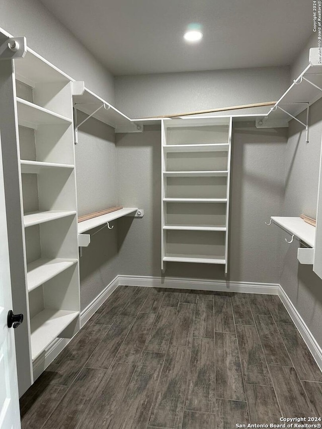 walk in closet with dark hardwood / wood-style flooring