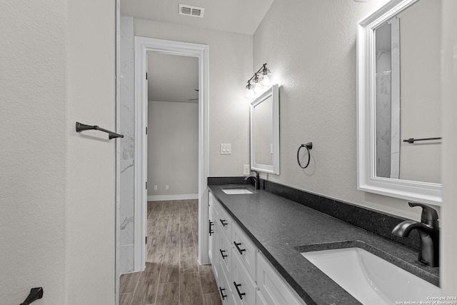 bathroom with hardwood / wood-style flooring and vanity