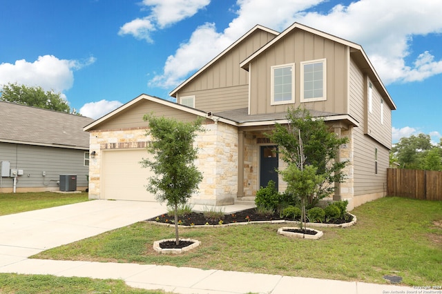 craftsman-style home with a garage, central AC, and a front lawn