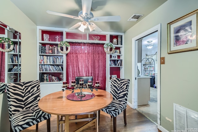 dining room with ceiling fan, built in features, and dark hardwood / wood-style floors