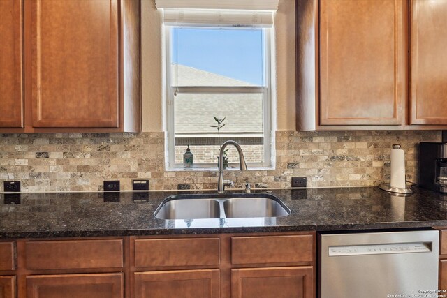 kitchen featuring backsplash, dark stone counters, dishwasher, and sink