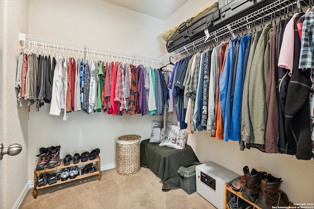 spacious closet featuring light carpet