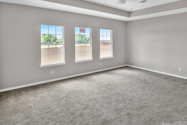 carpeted spare room with ceiling fan