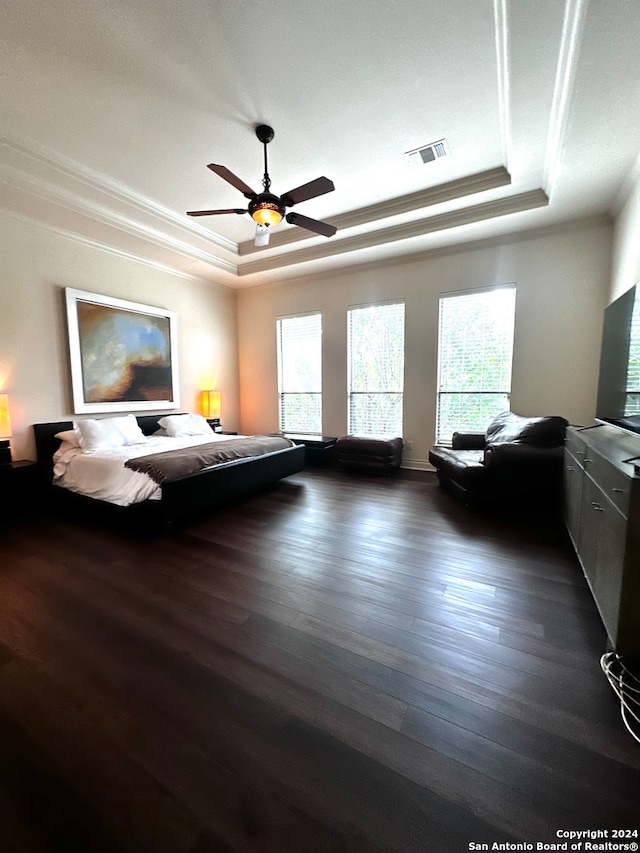 bedroom featuring multiple windows, dark hardwood / wood-style flooring, ceiling fan, and a raised ceiling