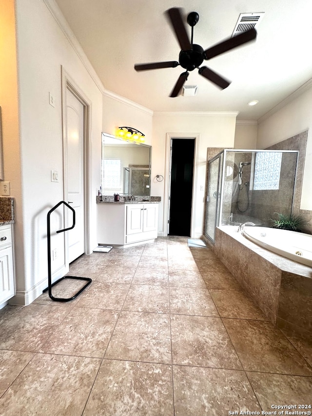 bathroom with tile patterned flooring, vanity, and plus walk in shower