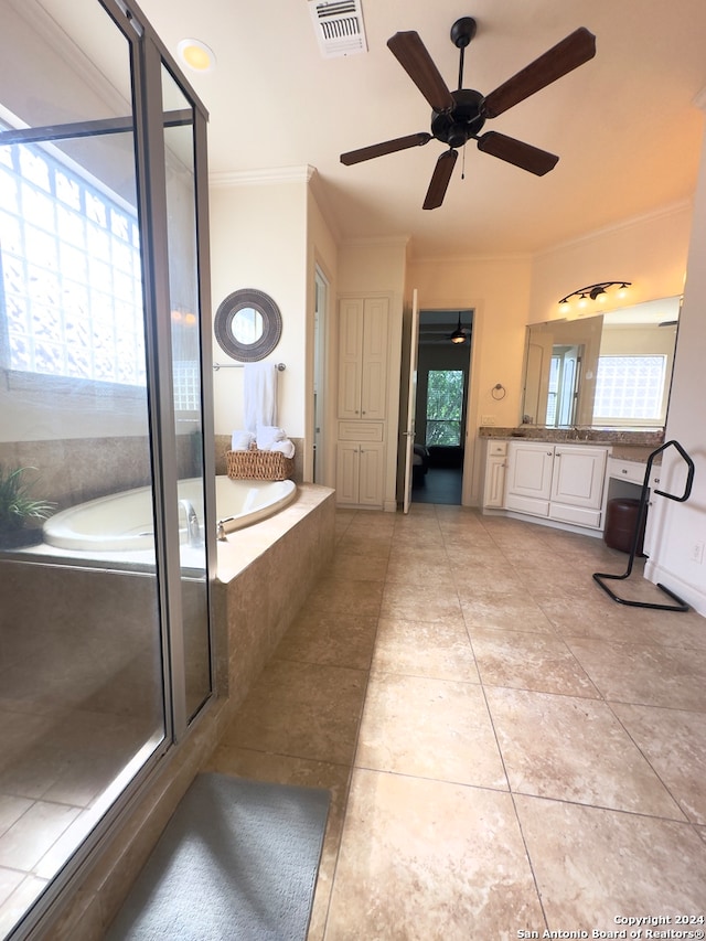 bathroom featuring vanity, crown molding, tile patterned floors, plus walk in shower, and ceiling fan