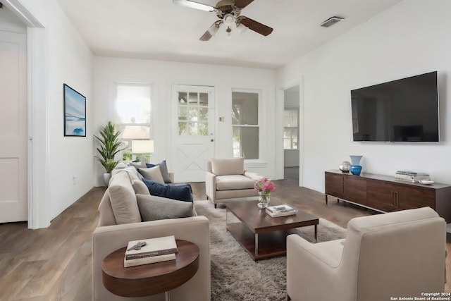 living room with wood-type flooring and ceiling fan