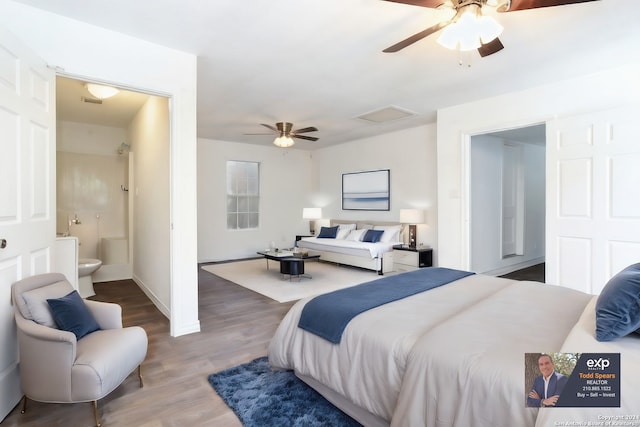 bedroom featuring ensuite bath, hardwood / wood-style floors, and ceiling fan