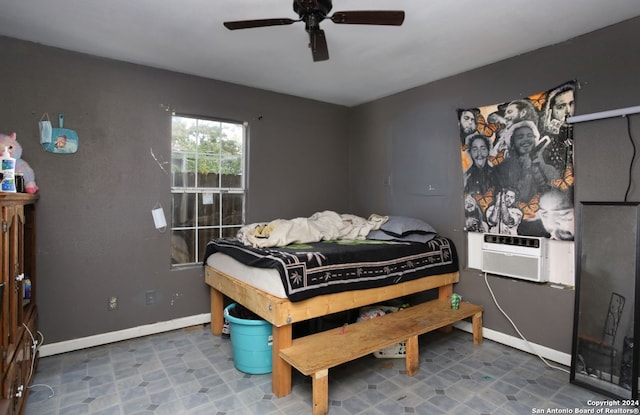 tiled bedroom featuring ceiling fan