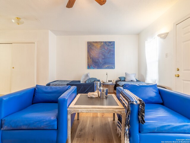 living room with hardwood / wood-style floors and ceiling fan