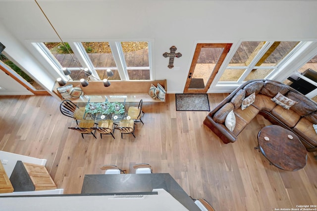 living room with wood-type flooring and a towering ceiling