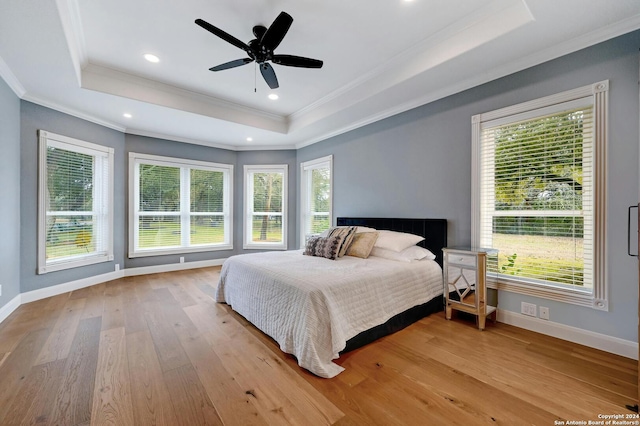 bedroom with light hardwood / wood-style flooring, a raised ceiling, and multiple windows