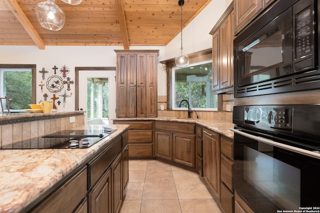 kitchen featuring wooden ceiling, hanging light fixtures, black appliances, and light tile floors