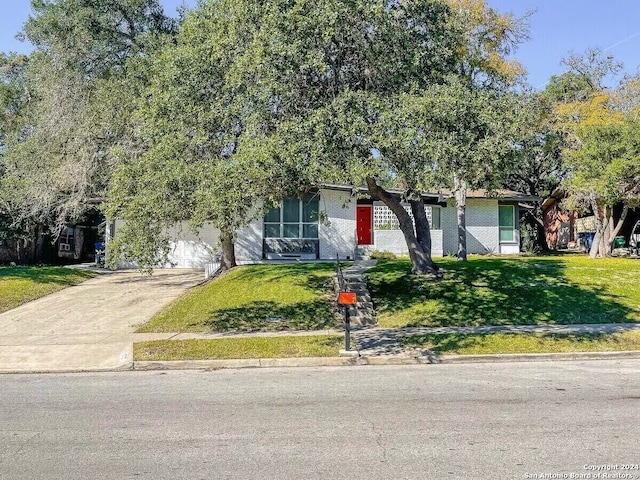 obstructed view of property with a front lawn