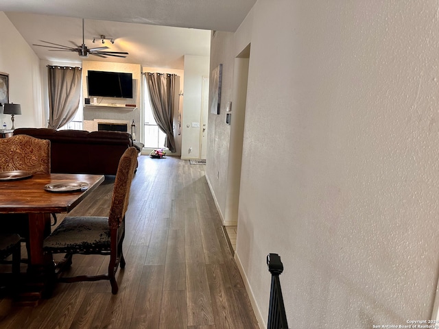 dining room with wood-type flooring and ceiling fan