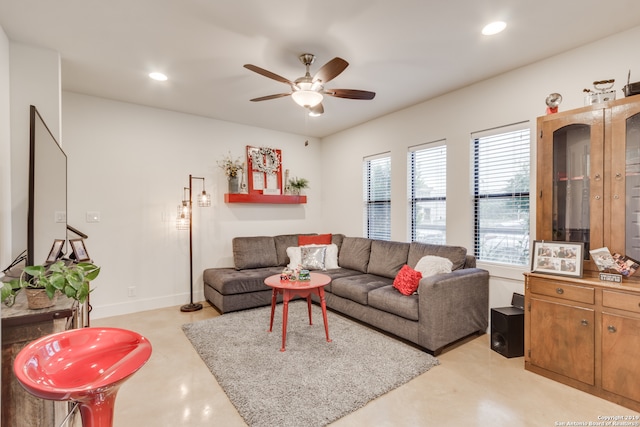 living room featuring ceiling fan