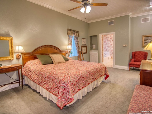 carpeted bedroom with crown molding, ceiling fan, and ensuite bathroom