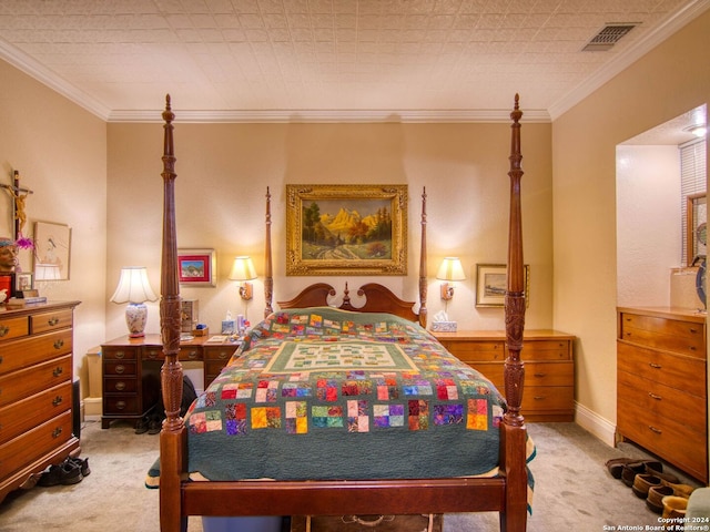 bedroom with light colored carpet and ornamental molding