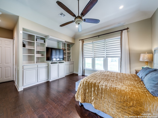 bedroom featuring dark hardwood / wood-style floors and ceiling fan