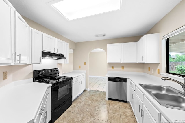 kitchen with white cabinets, sink, light tile floors, black electric range, and dishwasher