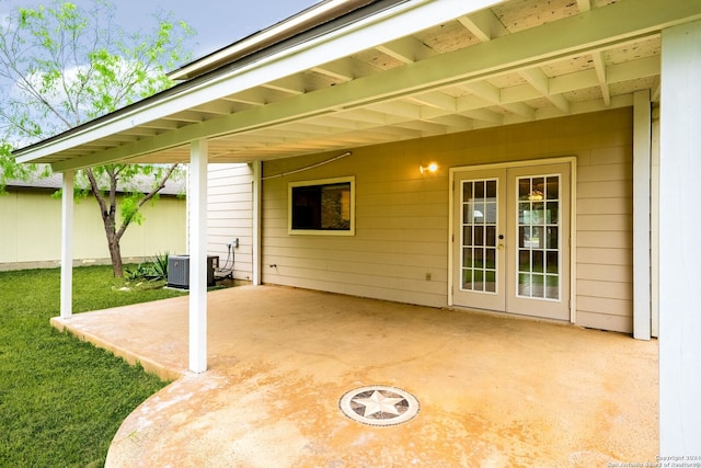 view of patio / terrace featuring central AC and french doors