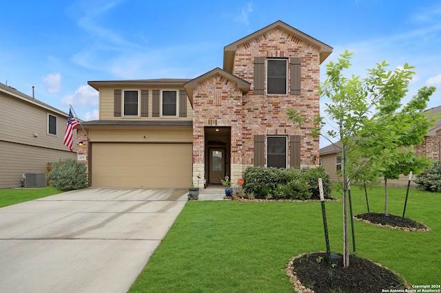 front facade with a garage, central AC unit, and a front yard