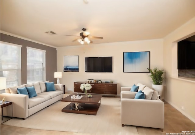 living room with ceiling fan