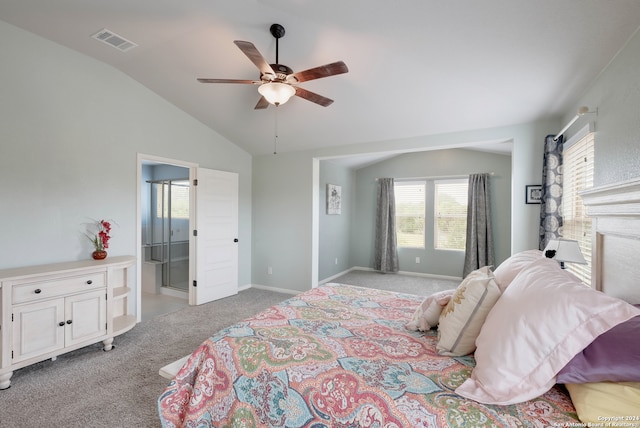 carpeted bedroom with lofted ceiling, ceiling fan, and connected bathroom