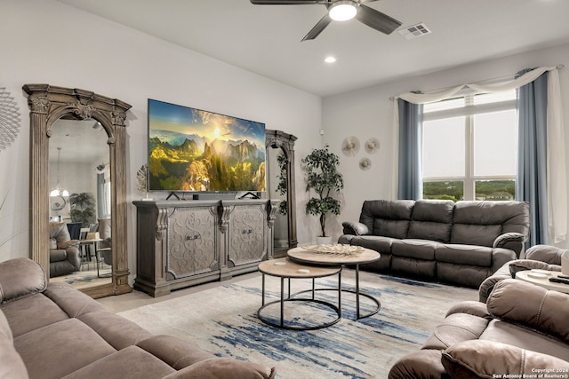 living room featuring ceiling fan