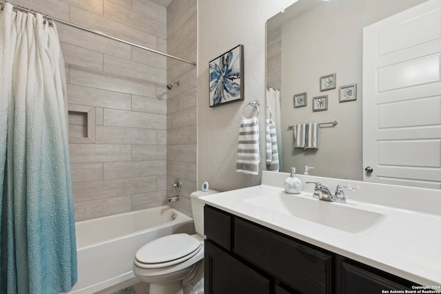 full bathroom with vanity, toilet, and shower / bath combo with shower curtain