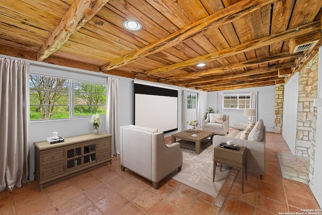 tiled living room featuring beam ceiling and wooden ceiling