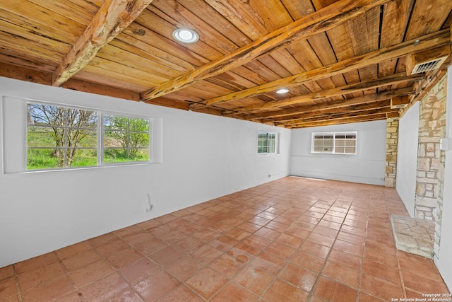 unfurnished room with wood ceiling, beamed ceiling, and light tile flooring