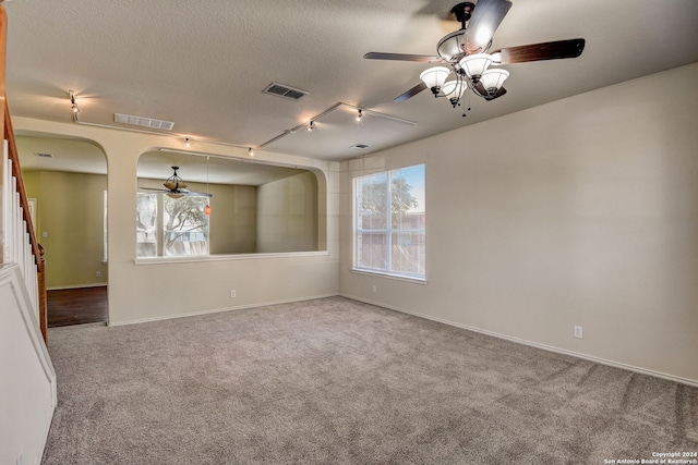 empty room featuring a wealth of natural light, light carpet, and ceiling fan