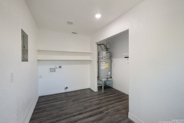 washroom with dark hardwood / wood-style floors, water heater, hookup for an electric dryer, and washer hookup