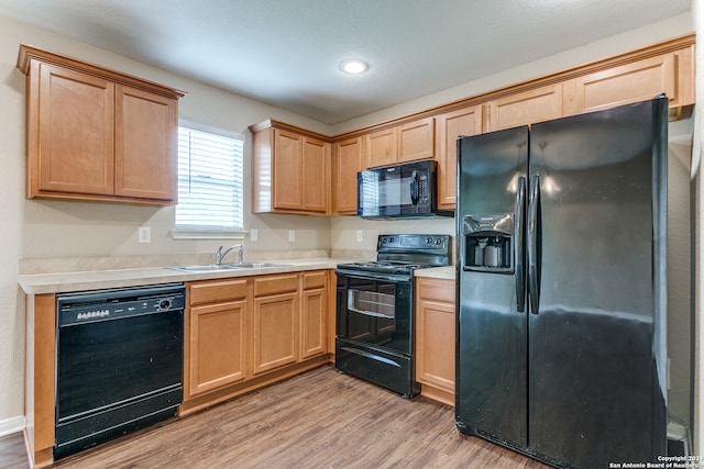 kitchen featuring sink, light wood-type flooring, and black appliances