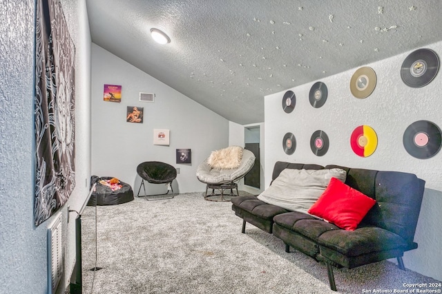 interior space featuring vaulted ceiling, carpet flooring, and a textured ceiling