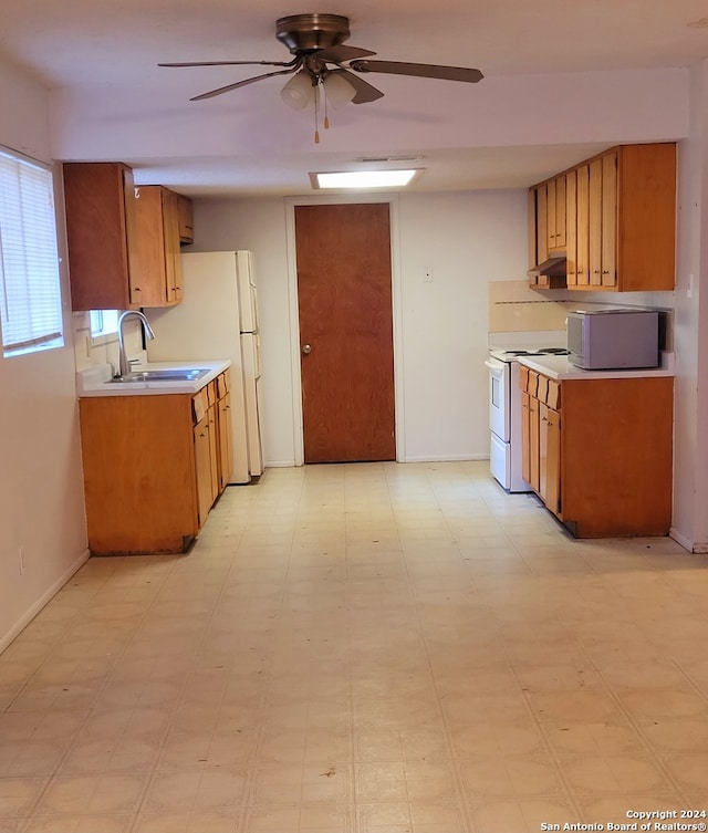 kitchen with sink, ceiling fan, white electric range oven, and light tile floors