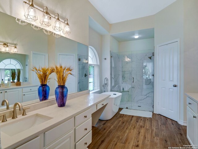 bathroom with hardwood / wood-style floors, independent shower and bath, vanity, and a wealth of natural light