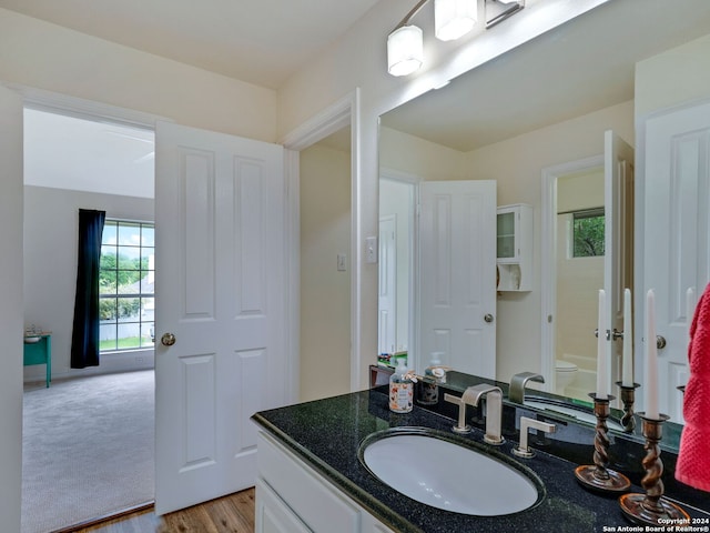 bathroom featuring wood-type flooring, vanity, and toilet