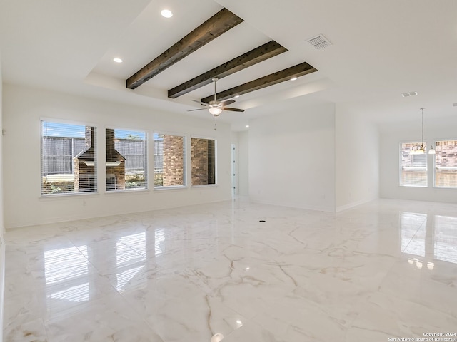 tiled empty room with beamed ceiling and ceiling fan with notable chandelier