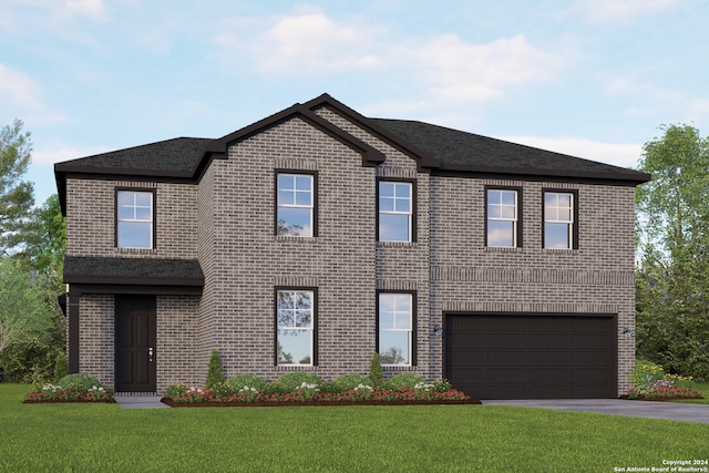 view of front of property featuring a garage and a front lawn