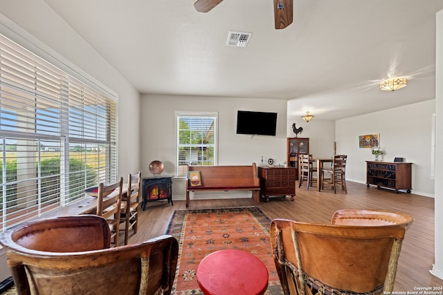 living room with ceiling fan and hardwood / wood-style floors