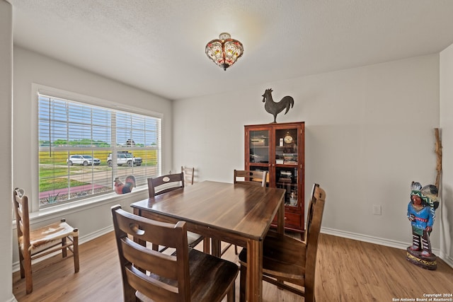 dining room featuring light hardwood / wood-style floors and a textured ceiling